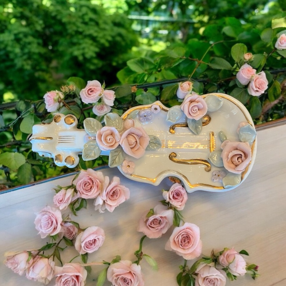 Vintage Lefton China Porcelain Violin Wall Pocket & Trinket Dish